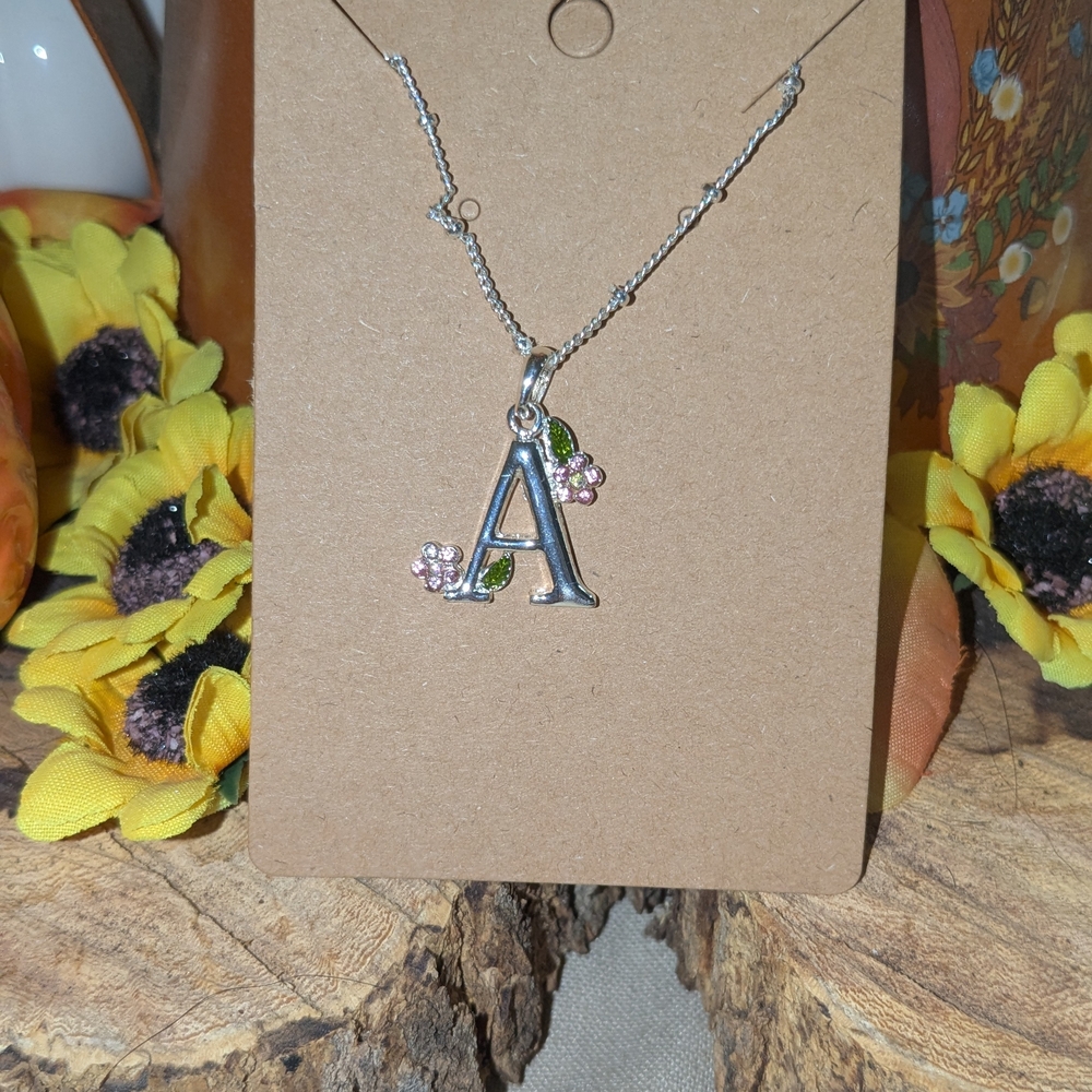 Silver Initial 'A' Pendant Necklace with Pink and Green Accents